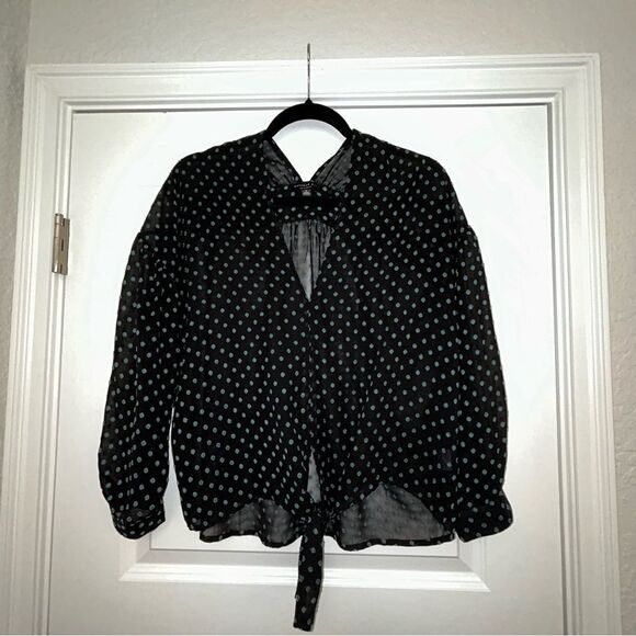 Current Air Sheer Swiss Dot Tie Front Long Sleeve Shirt Blouse Top - Picture 4 of 9